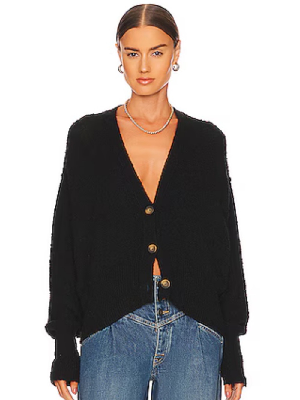 Free People Black Cropped Button-Up Cardigan